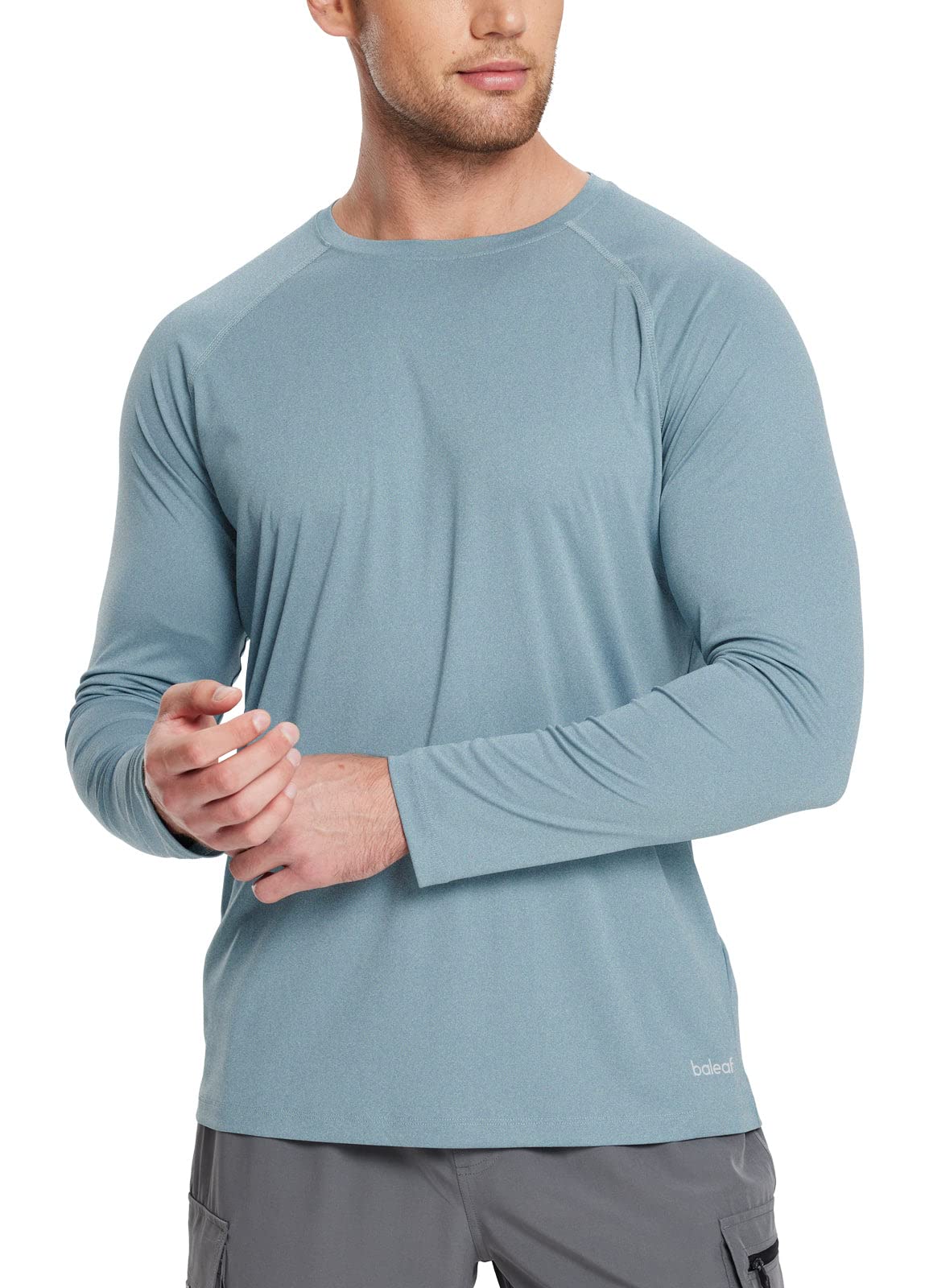 baleaf Men's UPF 50+ Long Sleeve Shirts Soft Rash Guard Breathable Lightweight Workout Running Hiking Tops Light Blue L
