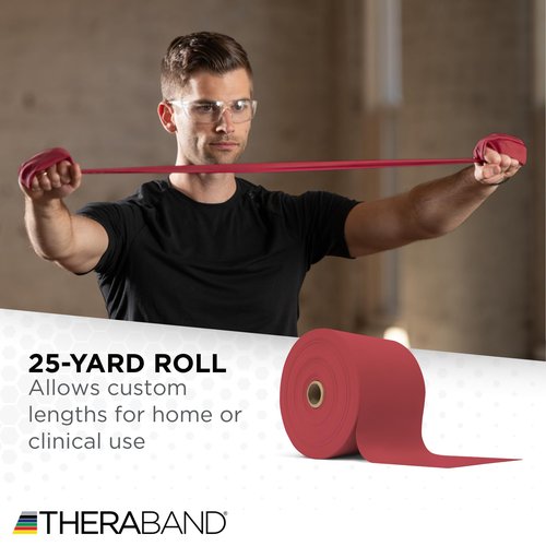 THERABAND Resistance Band 25 Yard Roll, Medium Red Non-Latex Professional Elastic Bands For Upper & Lower Body Exercise Workouts, Physical Therapy, Pilates, & Rehab, Dispenser Box, Level 3