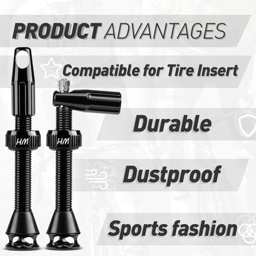 HAKULA MATATA Tubeless Presta Valve Stem 48 mm, Super Light Alloy Tubeless Tire Valve Stems with Caps Integrated Core Removal Tool, Fits Most MTB Mountain Bikes Rims, Pair, Black