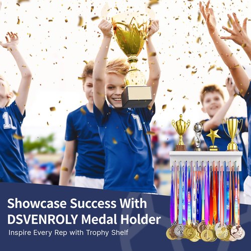 DSVENROLY Medal Holder Display Trophy Shelf Organizer, Sturdy Wooden Medal Hanger Rack with 25 Steel Hooks, Wall Mount Awards Race Storage Stand for Sports Fans, Cheer Success（White Golden Hooks）