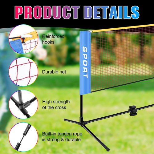 Zhehao 16.5 ft LED Badminton Net Volleyball Net with LED Light Foldable Nylon Net with Adjustable Height Poles for Tennis Indoor Outdoor Backyard