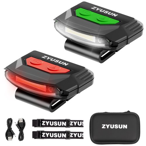 Zyusun 2-Pack Rechargeable Cap Light,Portable headlamps,Clip on Hat with Motion Sensor,Lightweight IPX4 Waterproof,White/Red/Green Night Vision LED Lights for Hunting Fishing Camping Hiking Cycling