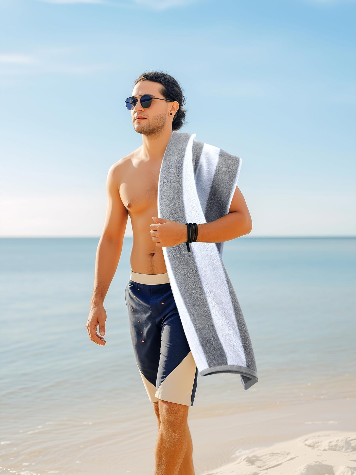 Utopia Towels Pack of 4 Cabana Beach Towels, Oversized 30 x 60 Inches Cotton Beach Towel Set, Smooth Ring Spun Texture for Pool and Swim Days, Modern Striped Design Bath Towels, Grey