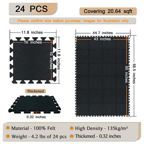 BXI Puzzle Exercise Mat 24 Pcs, 11 x 11 x 0.32 inches, High Density Noise Reduction Puzzle Felt Rug Mat, Non Slip Interlocking Floor Tiles for Workout, Gymnastics and Home Gym Protective Flooring