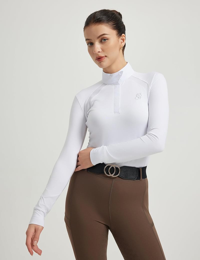 FitsT4 Sports Womens Equestrian Show Shirt UPF50 Long Sleeve with Cooling Mesh Panels White Small