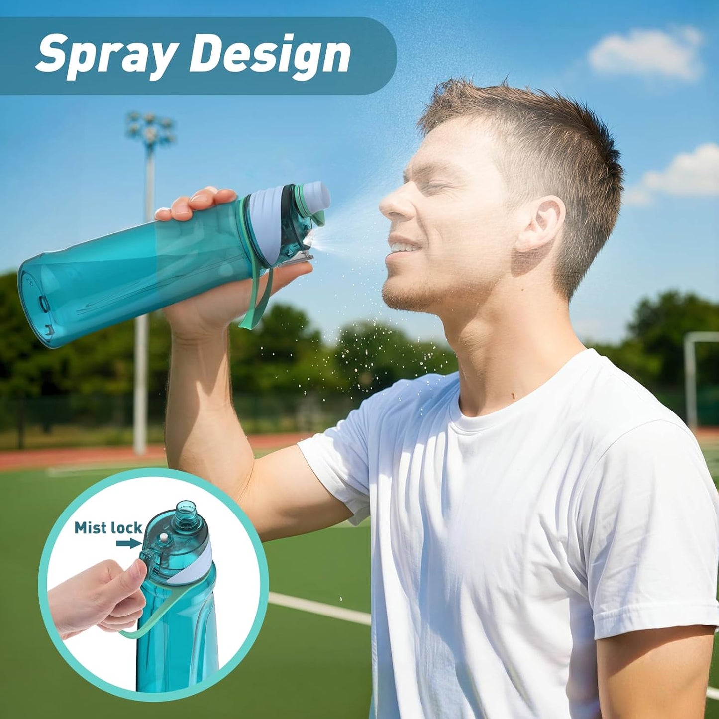 22OZ Misting Water Bottle, 2-in-1 Mist and Sip Water Bottles, Mist Water Bottle for Drinking, Great for Hiking/Running/Outdoor Activity, BPA-Free & Leakproof, Blue