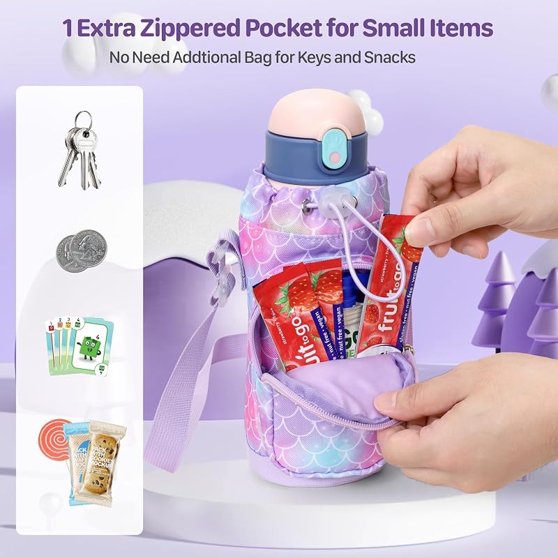 Water Bottle Holder for Kids - Adjustable Strap Carrier with Mermaid Purple Variation