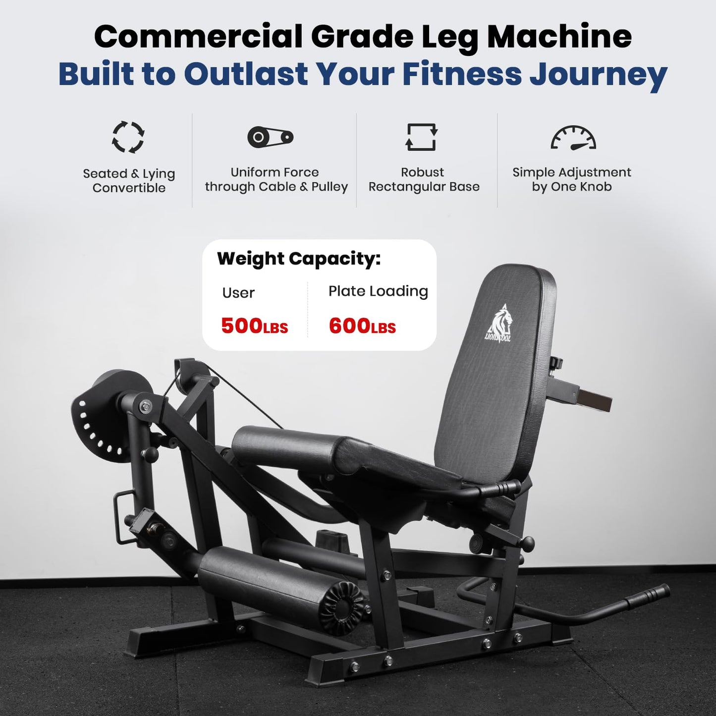 LIONSCOOL Leg Extension and Curl Machine Ultimate Ver. 4, 1100lbs Adjustable Seated Leg Extension, Lying Leg Curl Bench, Cable Operated 2” Plate Loadable Lower Body Exercise Equipment for Home Gym