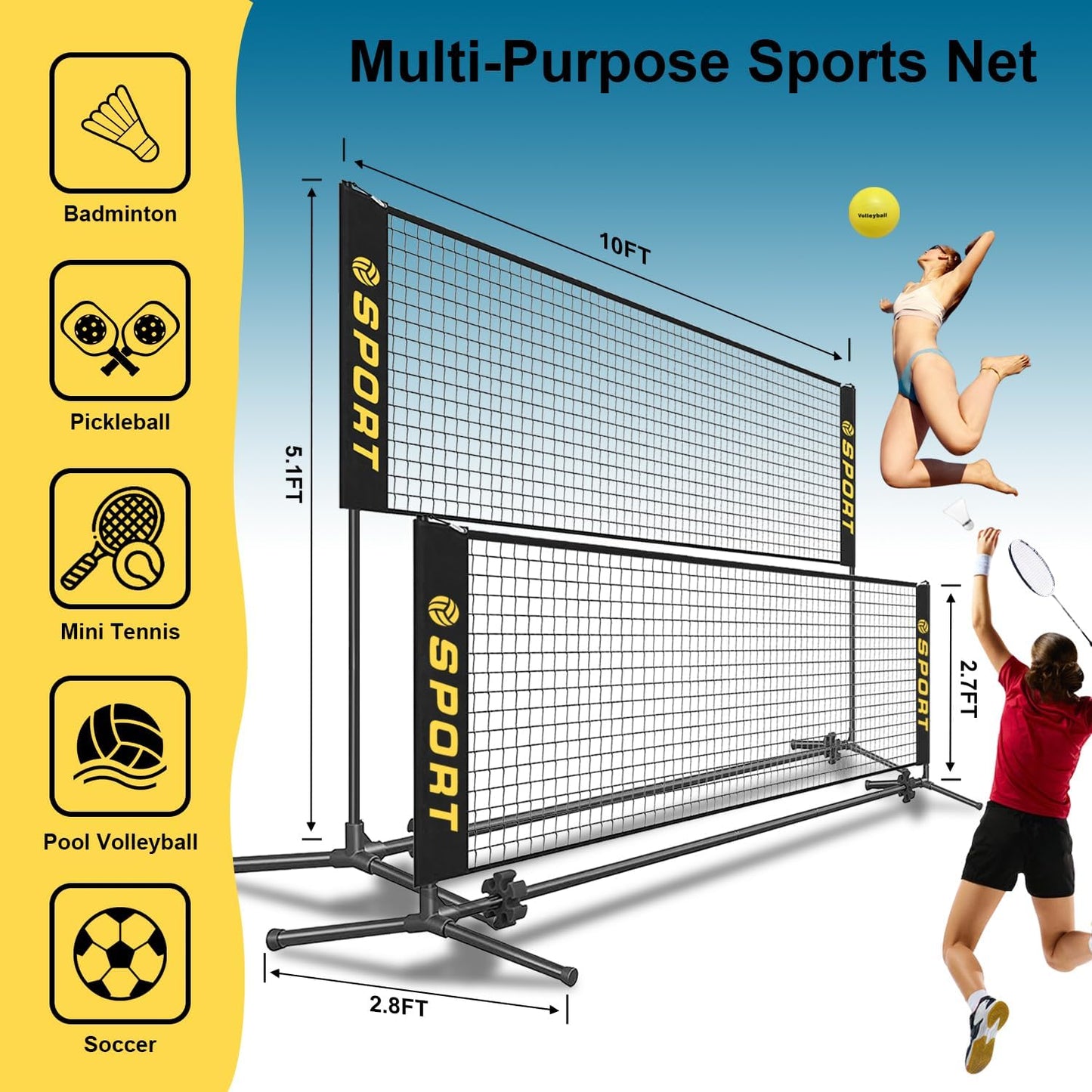 10 FT Mini Portable Tennis Net Equipment Set with Rubber Volleyball,Pump and Potable Carry Bag.Adjustable Height 2.7FT-5.1FT for Badminton Net, Volleyball Net,Soccer Net,Pickleball Net