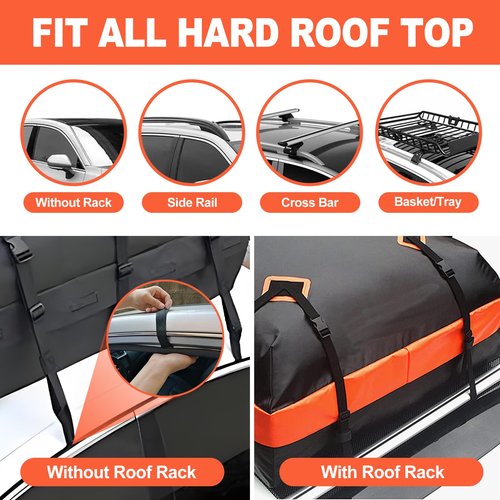 Car Rooftop Cargo Carrier Roof Bag Waterproof for All Top of Vehicle with/Without Rack Includes Topper Anti-Slip Mat + Reinforced Straps + 64Door Hooks + Luggage Lock ﻿