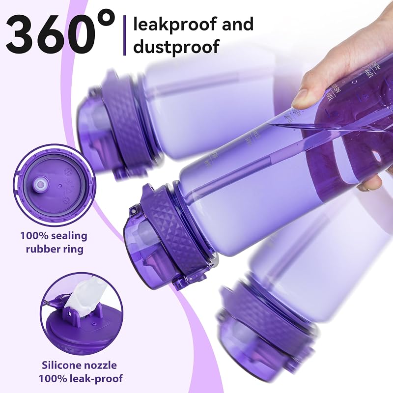 GOPPUS 32oz Clear Water Bottle with Straw & Time Marker - Deep Purple 32 Ounce