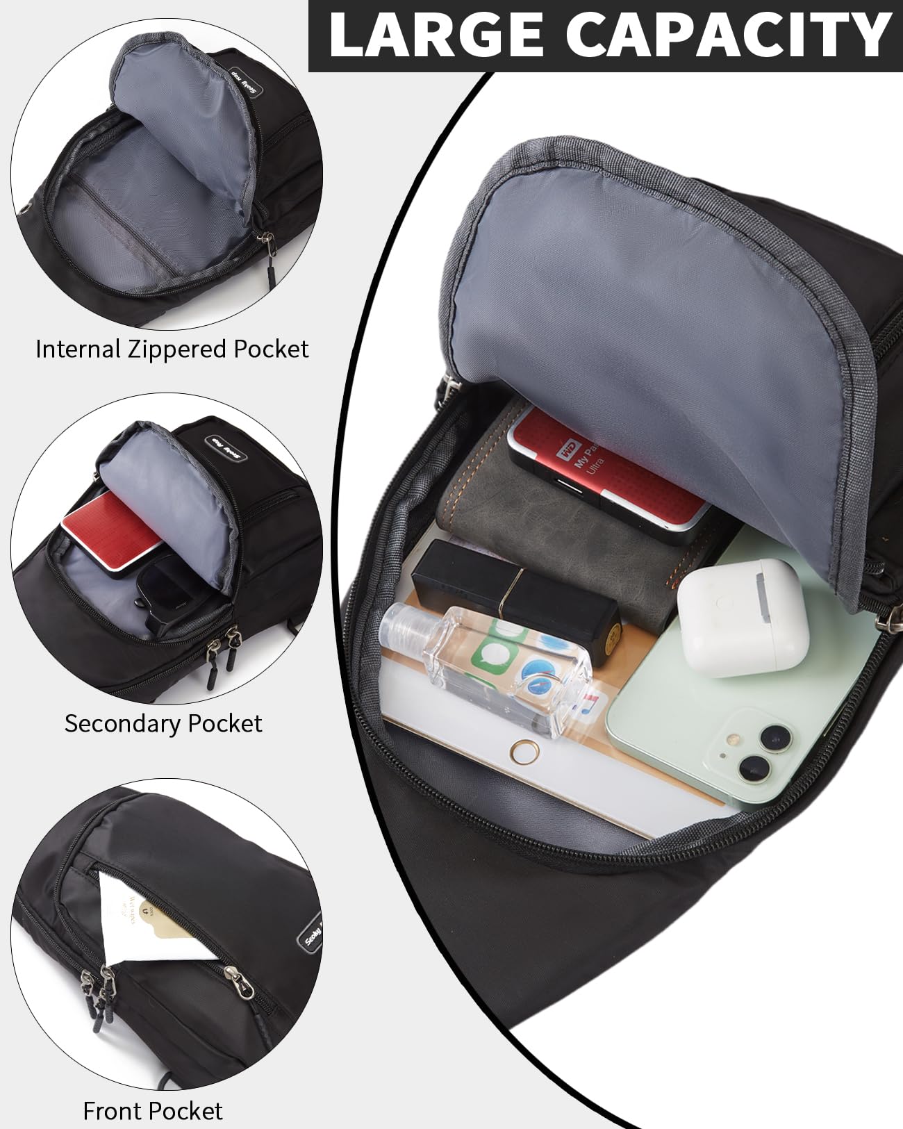 Seoky Rop Small Sling Bag for Men Women Water Resistant Nylon One Strap Shoulder Crossbody Bag for Travel Casual Daily Black