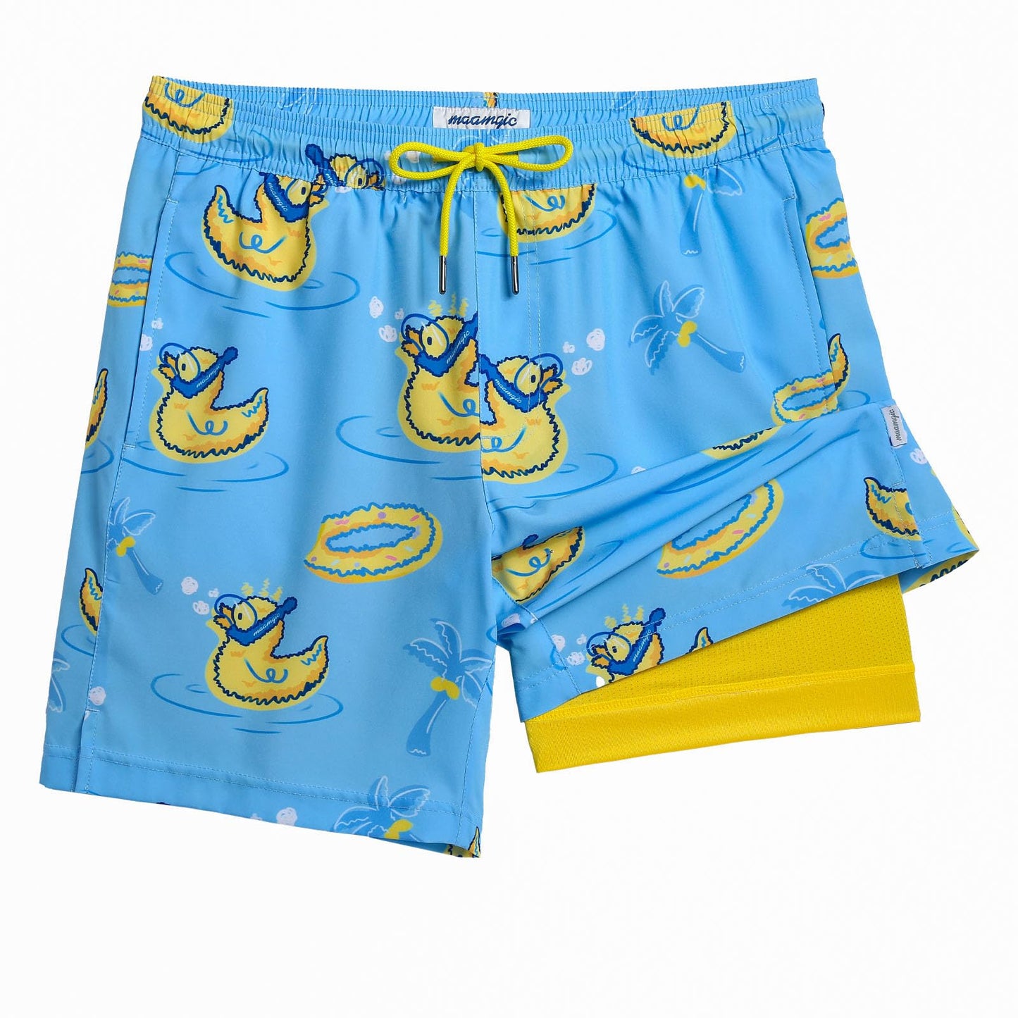 maamgic Mens Swim Trunks with Compression Liner 7 Inch Inseam Mens Bathing Suit Quick Dry Swimming Trunks Swimsuit Swimming Duck Blue and Yellow XX-Large