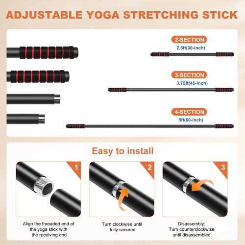 RACOC 5 ft Yoga Stick Sturdy Steel, Adjustable Stretching Stick for Mobility, Flexibility and Balance, Versatile Exercise Stick with Non-Slip Ends and Foam Handles for Fitness, and Posture
