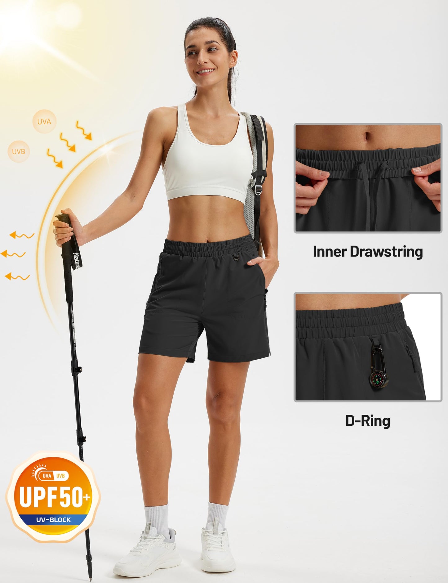 TACVASEN Athletic Shorts for Women Quick Dry Lightweight 5" Hiking Shorts with Pockets Golf Casual Workout UPF 50+ Water Resistant Summer Black L