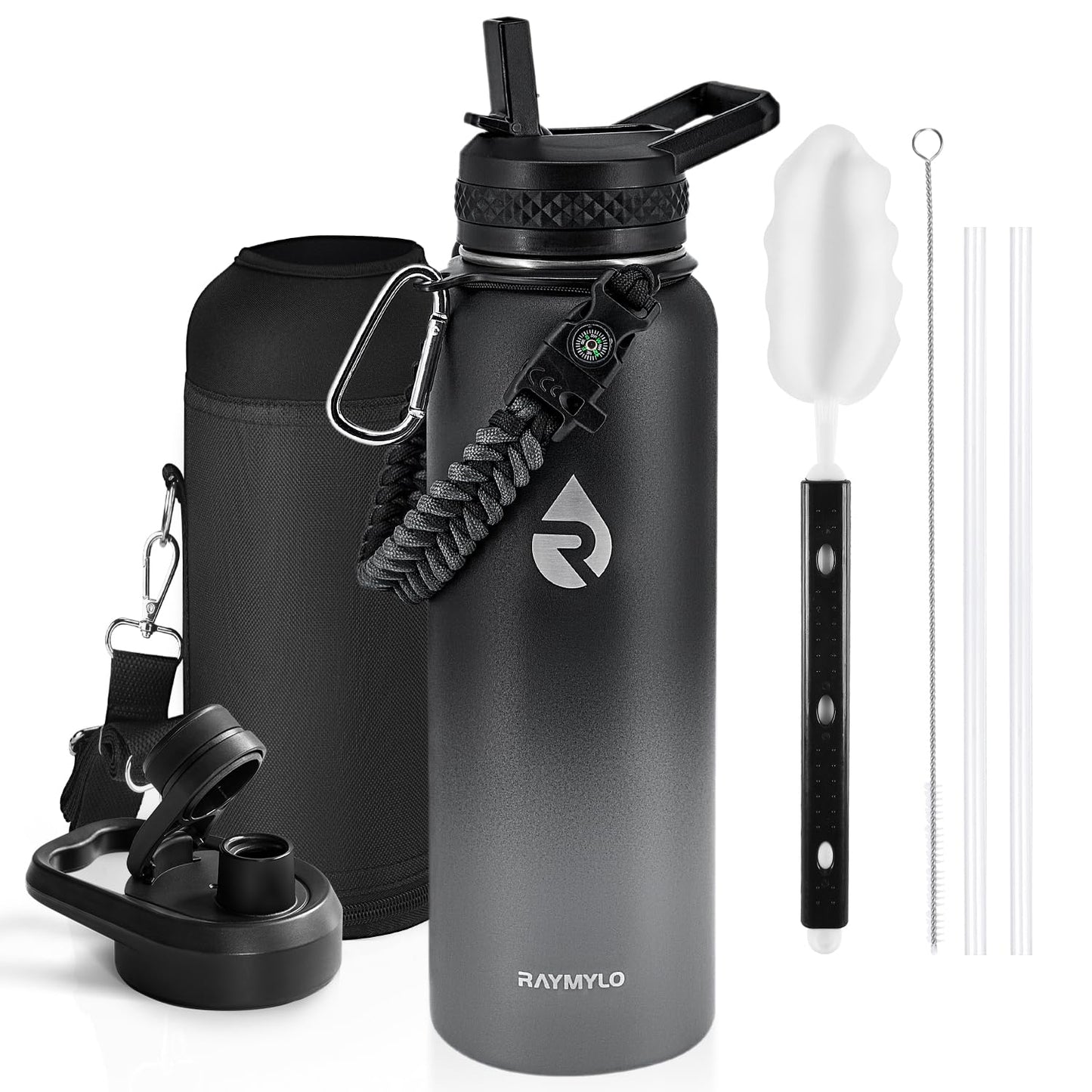 RAYMYLO Insulated Water Bottle 40 oz, Triple Wall Vacuum Stainless Steel (Cold for 36Hrs, Hot for 18Hrs), Leak Proof & Non-BPA, Modern Water Flask Jug with Paracord Handle & Straw Spout Lids