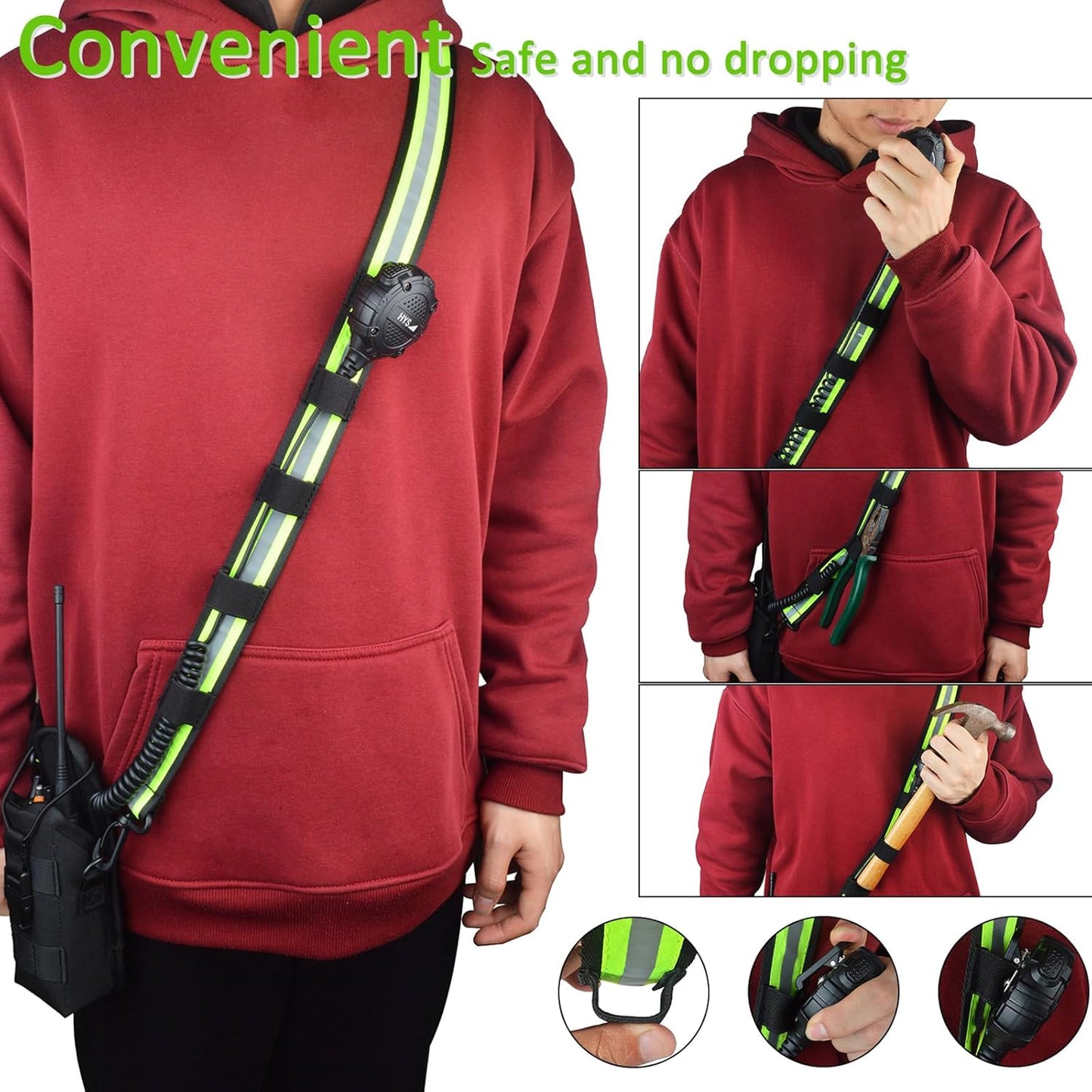 HYS 4.99ft Reflective Adjustable Shoulder Strap with Elastic to Secure Handheld Radio Mic clip - Thick Padded Non-Slip Design for Walkie Talkie Holsters & Crossbody Bags - Durable Swivel Hooks