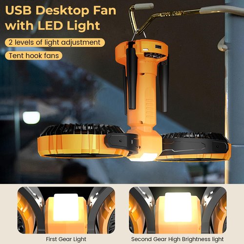 Outdoor Camping Fan with LED Light, Rechargeable Portable Dual Head Fan,Battery Powered with Cooler Tent Hook Fans,270° Oscillating 360° Rotation ,USB Desktop Fan for Travel,Fishing,Home (Yellow)