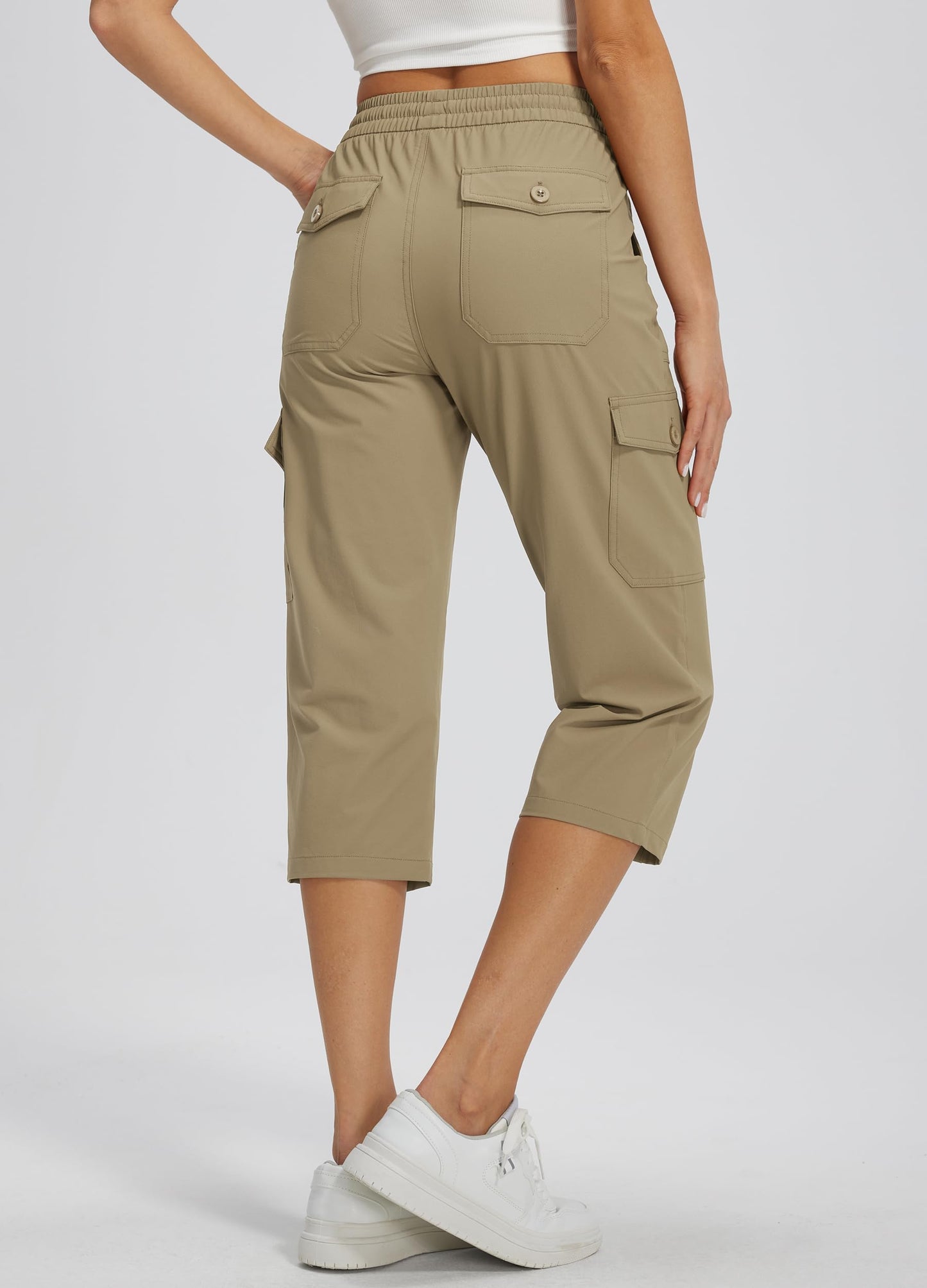 Libin Women's Capri Pants Cargo Capris Travel Hiking Casual Summer Cropped Pants Stretch Quick Dry Water Resistant, Dark Khaki L