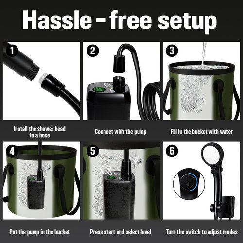 Motivekit™ Portable Camping Shower | 5.3 Gallons Foldable Bucket, 6000mAh Rechargeable Shower Pump, 6' 7" Filtered Shower Head, Summer Beach Outdoor Showering Hiking Pet Bath RV Car Wash Water Plant