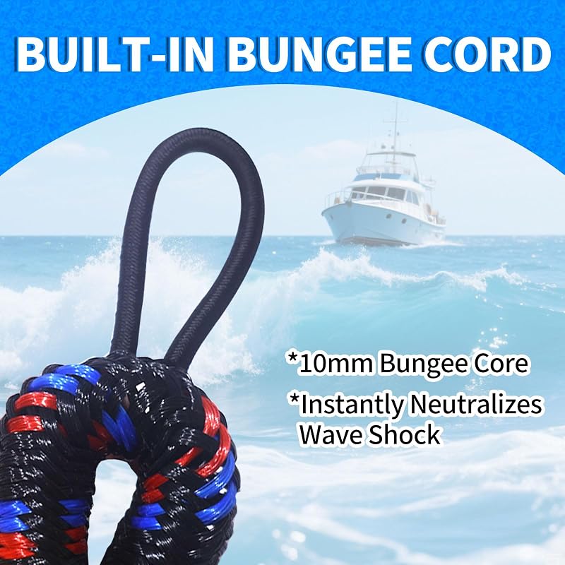 Bungee Dock Lines 4 ft 2-Pack – Heavy-Duty Boat Tie Downs, Black/Blue/Red with 1"–8.5" Adjustable Loops