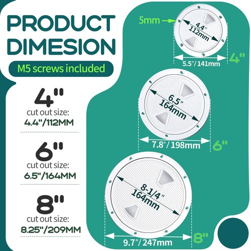 Smartmarine 2Pcs Boat Hatch White 4"6"8" Round Non Slip Inspection Hatch w/Detachable Cover for Marine Boat Yacht Truck RV (6")