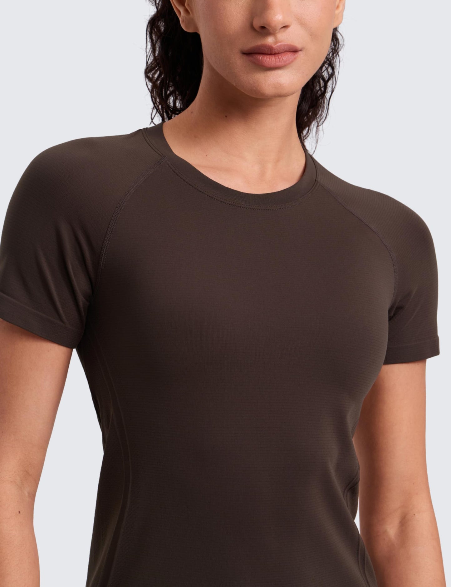 CRZ YOGA Seamless Workout Tops for Women Hip Length - Athletic Running Gym Yoga Short Sleeve Shirts Breathable Crewneck Tees Hot Fudge Brown X-Small