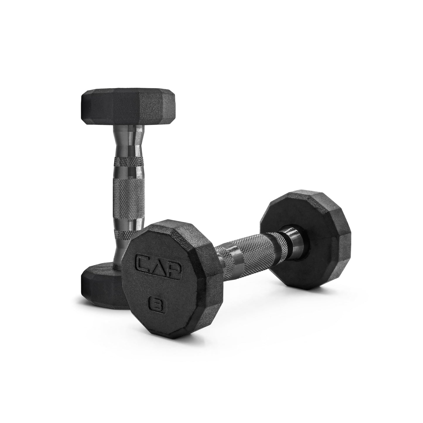 CAP 8 LB 12-Sided Rubber Coated Dumbbell Weight, Rubber Hand Weights for Home Gym Strength Training, Black Oxide Handle, Pair