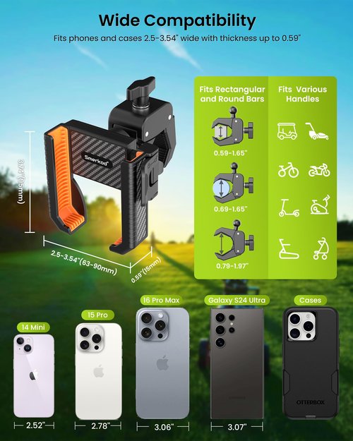 Smerkod Golf Cart Phone Holder Mount - 3s Phone Clip Install, 1s Lock & Release，Phone Caddy for iPhone Galaxy & More Fits Yamaha Club Car EZGO Icon, Golf Cart Accessories Essentials Gift for Men Women