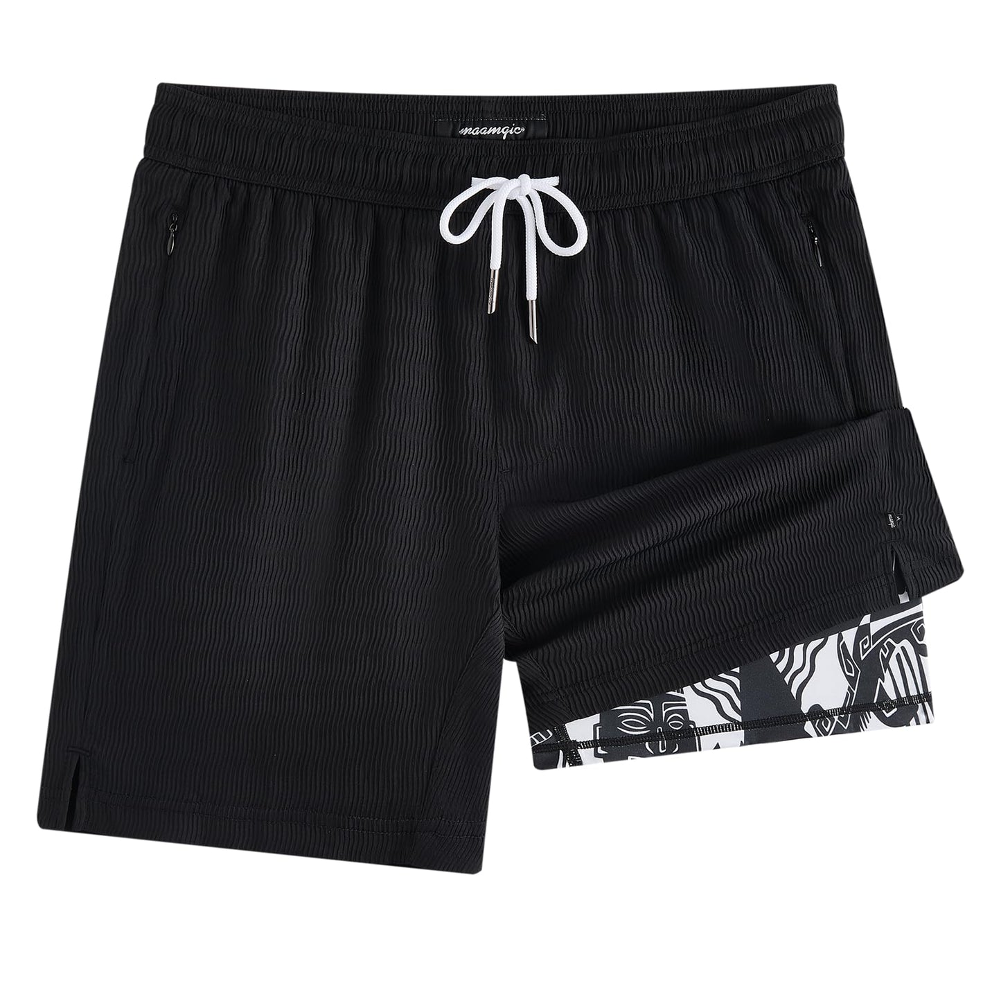 maamgic 7 Inch Wavy Texture Mens Swim Trunks - Mens Bathing Suit with Compression Liner Quick Dry Zipper Pockets Swimwear Black-White