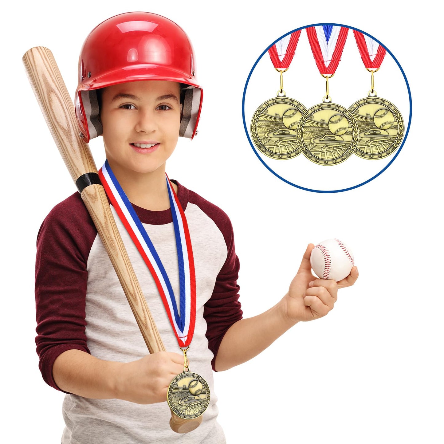 Equsion 36 Pcs 2'' Gold Medals Bulk Volleyball Football Basketball Soccer Baseball Archery Dink Ball Cheer Track Bowling Awards Medals with Ribbons for Sports Participation Winner Gift(Baseball)