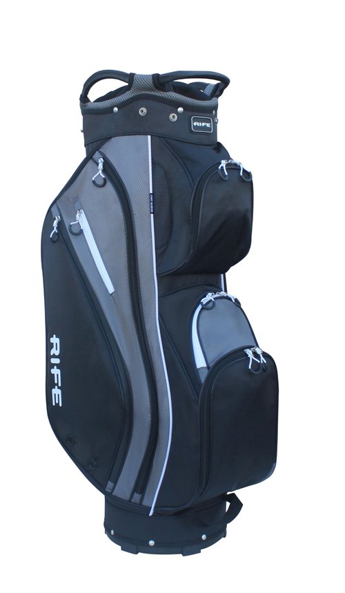 Rife Golf RF-LITE Premium Cart Bag ??14-Way Organizer Divider Top with Putter Pit Well 9.5" Lightweight Nylon Bag 9 Zippered Pockets Insulated Cooler Ample Storage Pockets Black Gray Colors