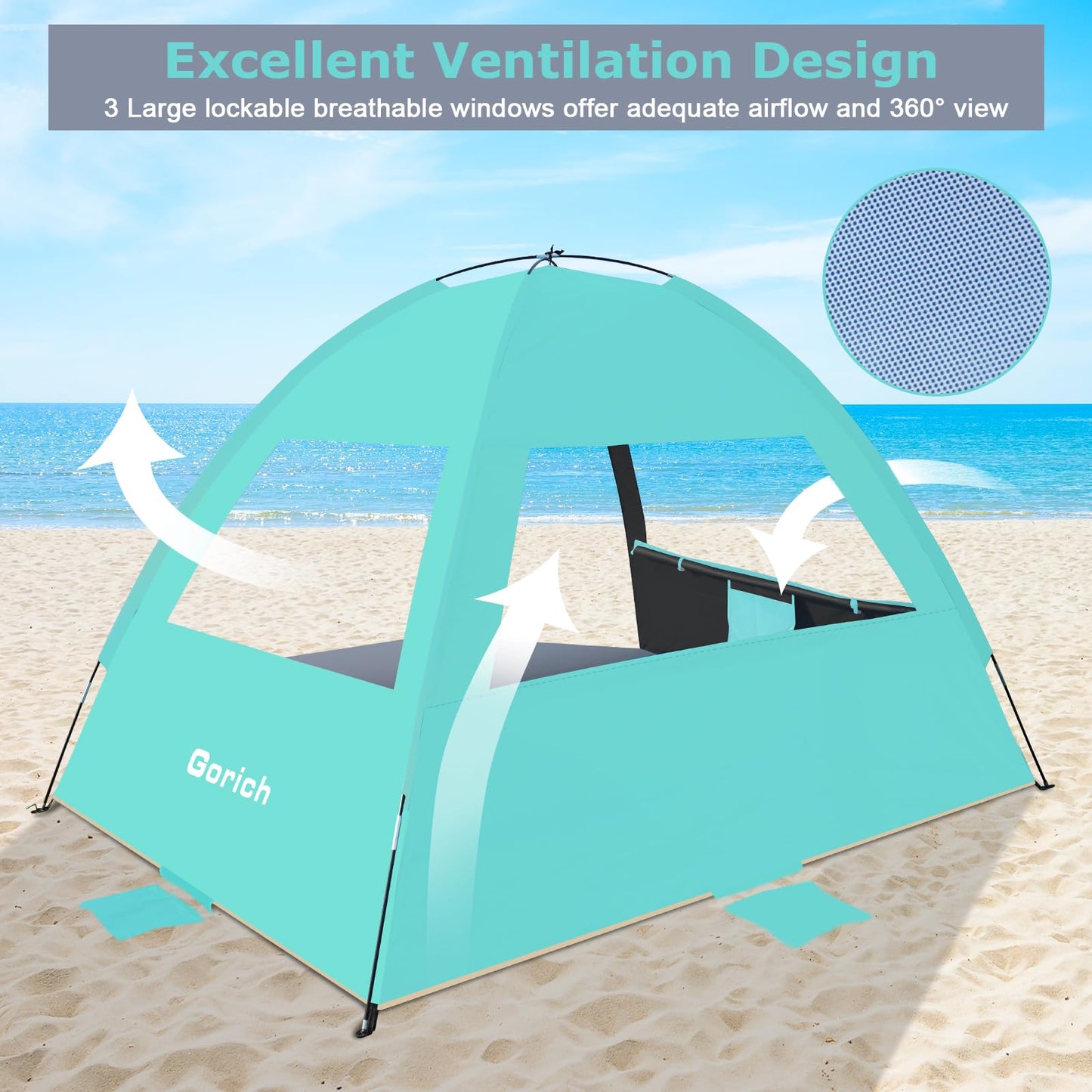Gorich Beach Tent Sun Shelter for 3/4/6/8/10 Person with UPF 50＋ UV Protection, Lightweight & Easy Setup Beach Shade Canopy, Portable Beach Shade Tent Beach Cabana