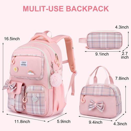 Kuosdaz School Backpack for Girls, 3PCS Teens Girls Backpacks with Lunch Bag Pencil Case, Cute Kids Bookbag for Kindergarten Elementary Preschool Middle School, Pink