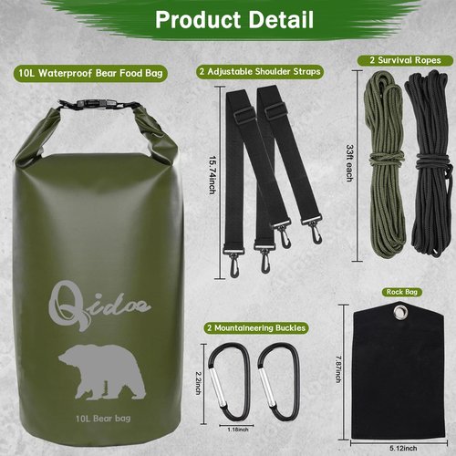 Qidoe Bear-Proof Food Bag Hanging System - 10L Waterproof Bear Bag with Pulley, Ropes, Hooks for Camping, Backpacking