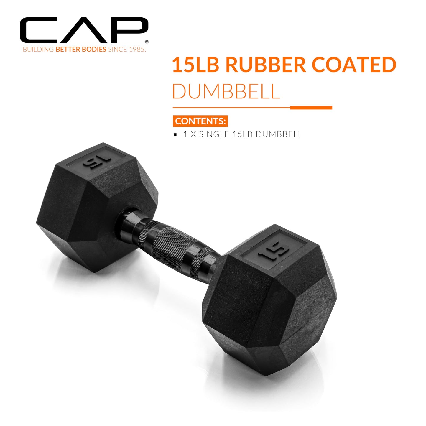 CAP 15 LB Rubber Coated Hex Dumbbell Weight, Rubber Free Weights for Home Gym Strength Training, Black Oxide Handle, Single