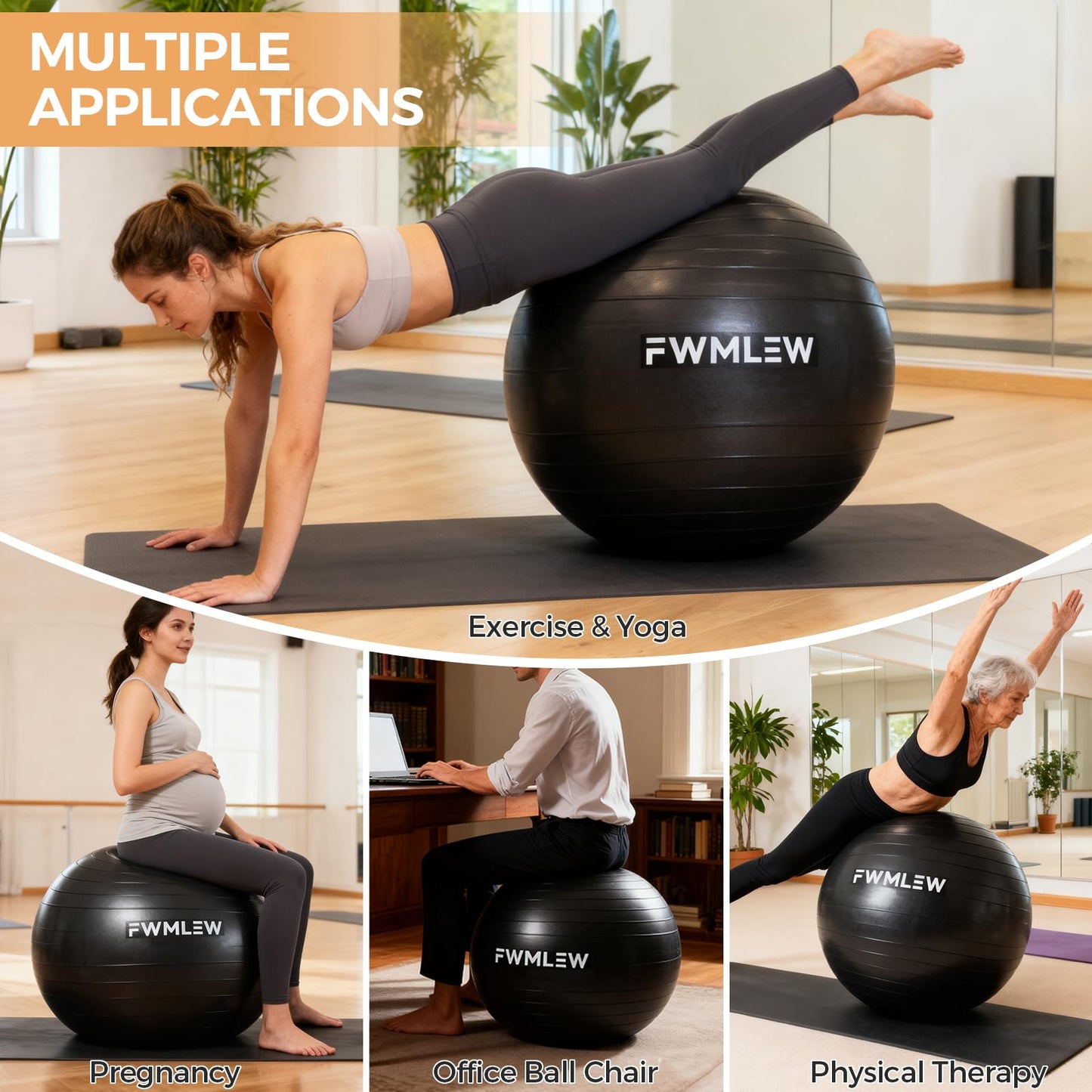 FWMLEW Extra Thick Exercise Yoga Ball, 5-Size Anti-Burst Heavy Duty Stability Gym Ball for Fitness, Core Workout, Pregnancy & Office Chair, Includes Quick Pump (L(23-26ines/58-65cm))