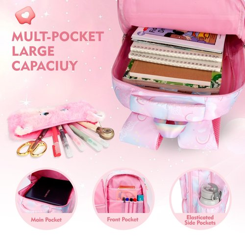 QJHEC Kawaii Starry Rainbow Backpack for Girls – Butterfly Bookbag with Fluffy Charm, Pencil Case & Study Set for Kids & Teens – Pink 17.5inch