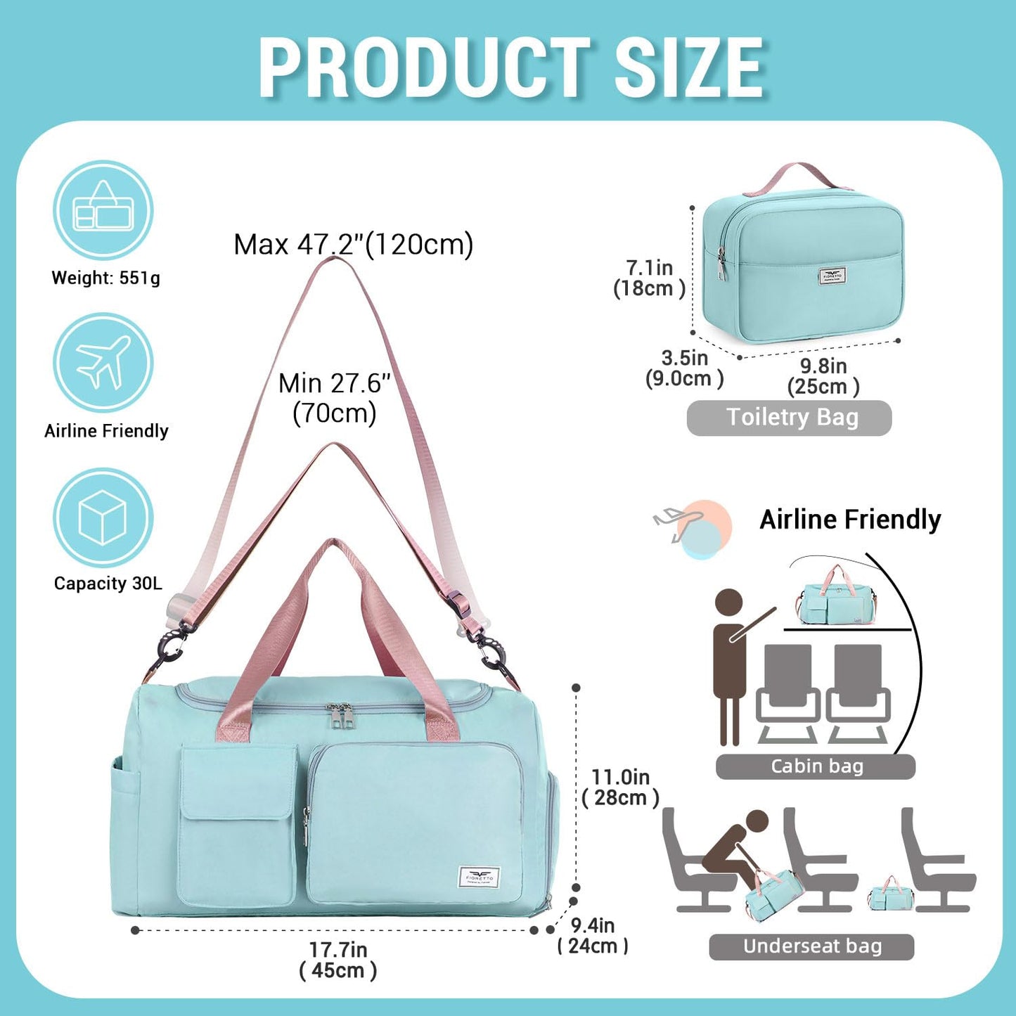FIORETTO Women's Gym Duffle Bag with Shoes Compartment, 30L Capacity, Ideal for Travel, Gym, Sports, Duffel, Weekender, with Toiletry Bag, Green & Pink