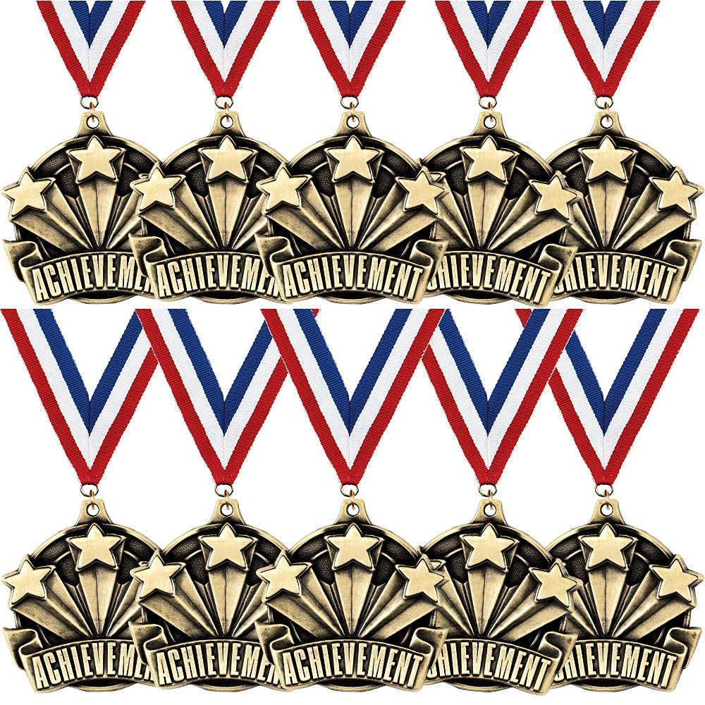 Crown Awards Achievement Medals - 10 Pack - 2" Gold Achievement Medals with Red, White, Blue Neck Ribbon Prime