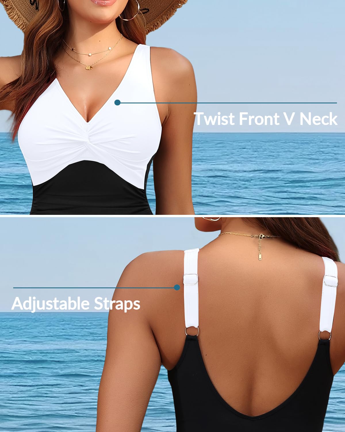 Holipick Black and White Women Tummy Control One Piece Swimsuit - Push Up Bathing Suit Full Coverage Slimming Swimwear XL