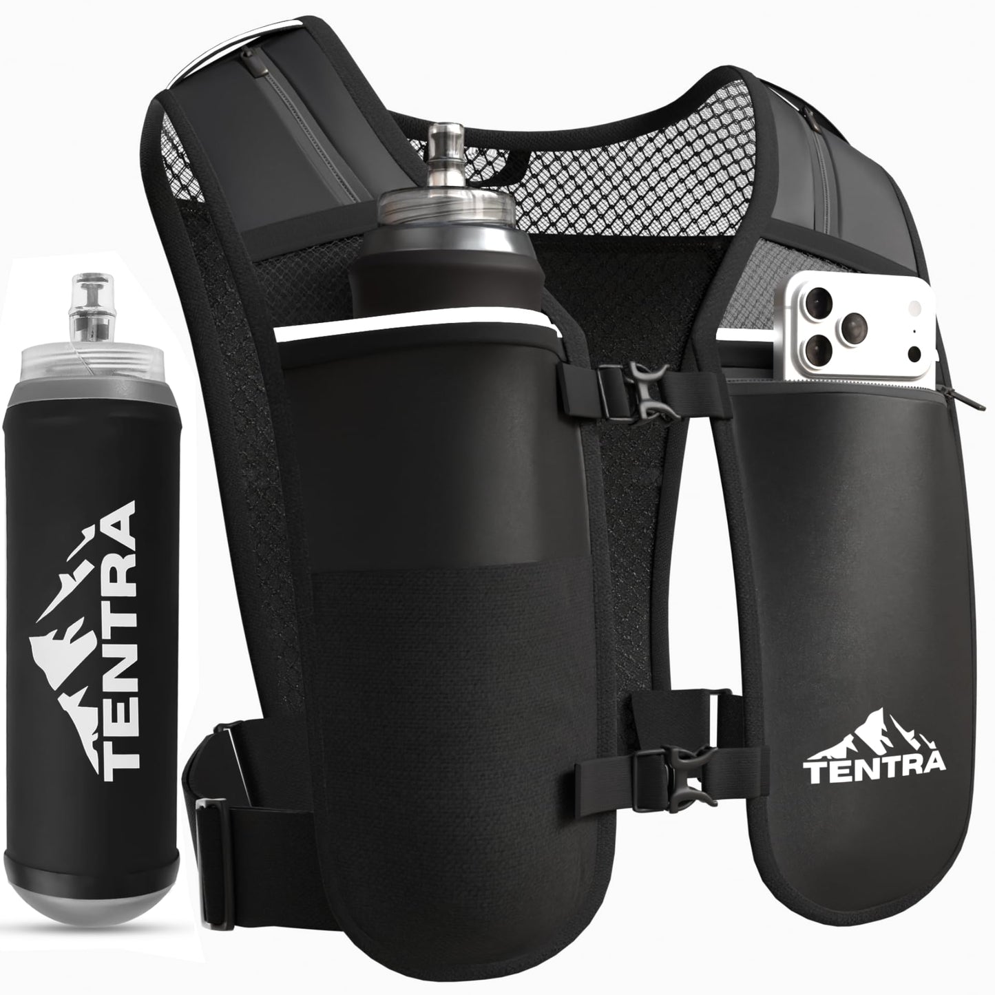 TENTRA Running Vest with 500ml Soft Flask, 8 Pocket Hydration Vest for Women Men – Lightweight Reflective Running Vest with Waterproof Phone Pouch