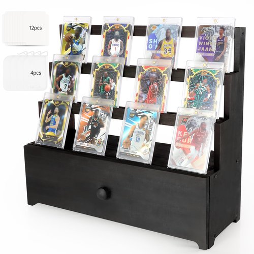 Trading Card Display,Wood Sports Card Display Case with Custom Drawer,Card Supporters and Dividers,3-Tier Graded Card Display for Card Game Collection