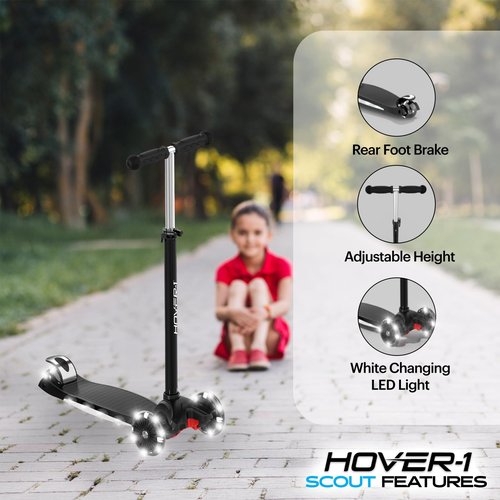 Hover-1 Scout Kick Scooter for Kids with Multicolor Wheel Lights, 4.8” Front Wheels, Rear Foot Brake, and 110 LB Weight Capacity