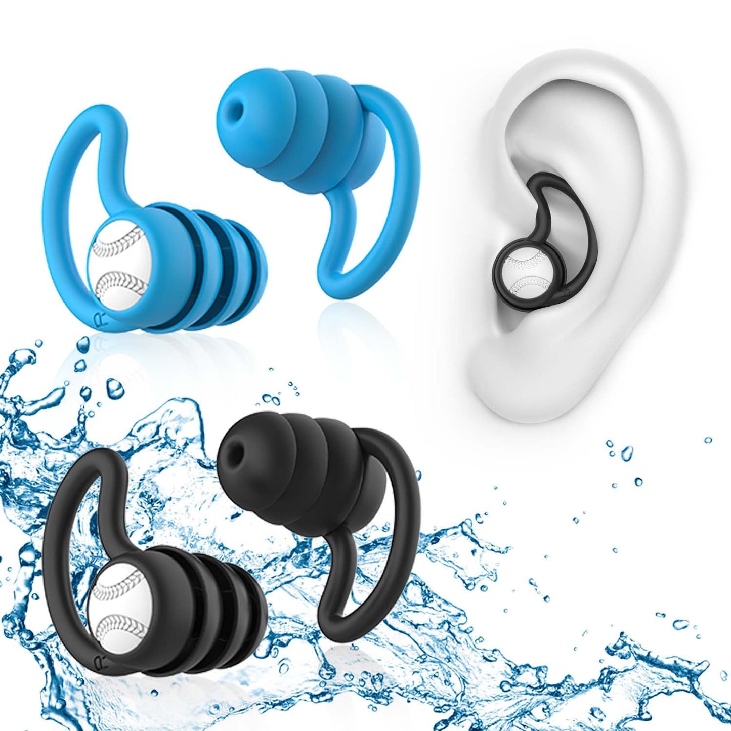 Swimming Ear Plugs Waterproof Earplugs - 3 Pairs Silicone Swim Ear Plugs for Adult Kids, Water Sports Earplugs for Showering, Bathing, Surfing - Keep Ear Water Out (Blue, Black)