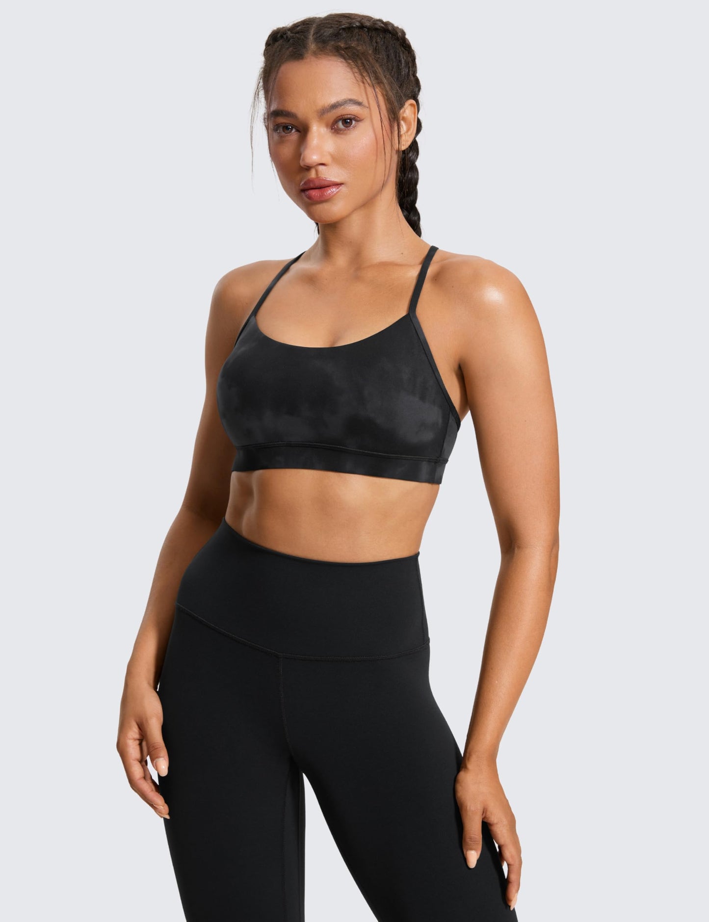 CRZ YOGA Butterluxe Y Back Sports Bras for Women - Padded Racerback Low Impact Spaghetti Thin Strap Workout Yoga Top Black Tie Dye Flowers Small