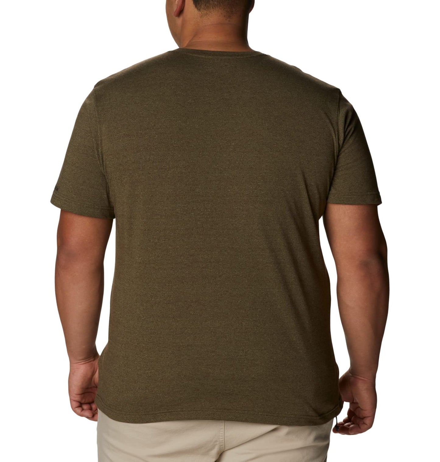 Columbia Men's Thistletown Hills Graphic Short Sleeve, Olive Green Heather/Wanderland Graphic, Medium