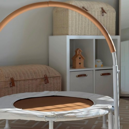 Square House 36" Springless Kids and Toddler Mini Trampoline, Aesthetic Indoor and Outdoor Small Baby Trampoline with Removable Handle, Ultra Safe No-Gap Elastic Spring Design (Sand)