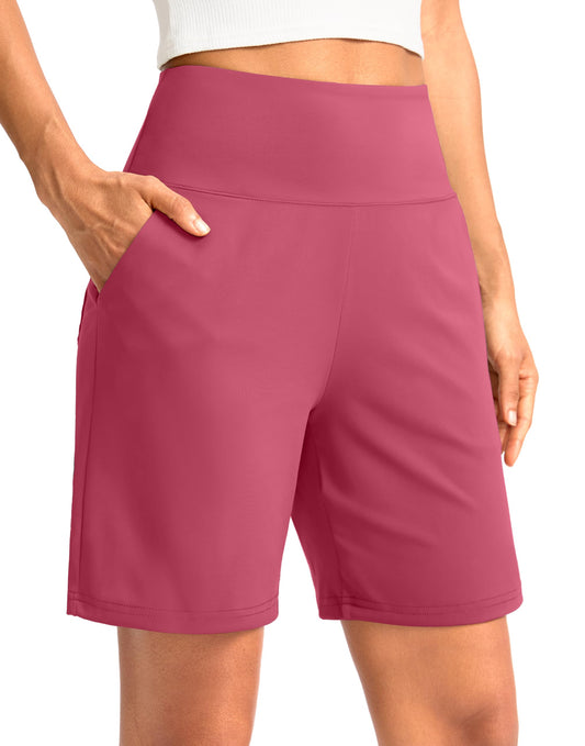G Gradual Women's Bermuda Long Shorts with Pockets 7" High Waisted Knee Length Shorts for Women Walking Athletic Workout(Briar Rose-L7,XL)