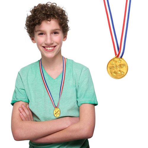 Gejoy 30 Pieces Gold Plastic Winner Award Medals, Gymnastics Field Day Awards for Sports, Competition, Talent Show, Spelling Bee Birthday Party Favors Gifts(Classic Style)